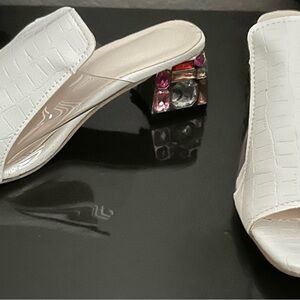 White Jewel-Embellished Block Heel Mules